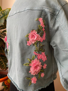 Isas Las Flores Cropped Teal Denim Jacket - oversized Medium