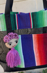 Sarape Mesh Tote Purple w/ pómpon