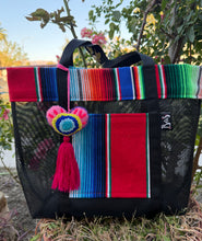 Load image into Gallery viewer, Sarape Mesh Tote Bag Red w/ pompón #318