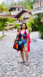 Sarape Mesh Tote Bag Pink/Orange w/ pompón #315