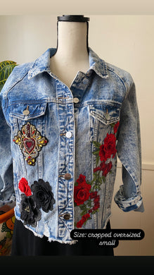 Isas Las Flores Cropped Denim Jacket- Oversized Small