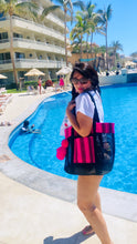 Load image into Gallery viewer, Sarape Mesh Tote Bag Pink/Orange w/ pompón #315