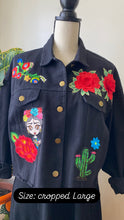 Load image into Gallery viewer, Isas Las Flores Frida Cropped Black  Denim Jacket - Large