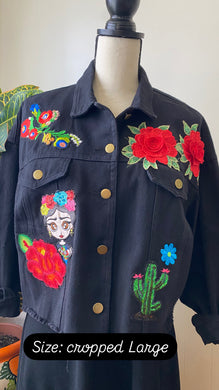 Isas Las Flores Frida Cropped Black  Denim Jacket - Large