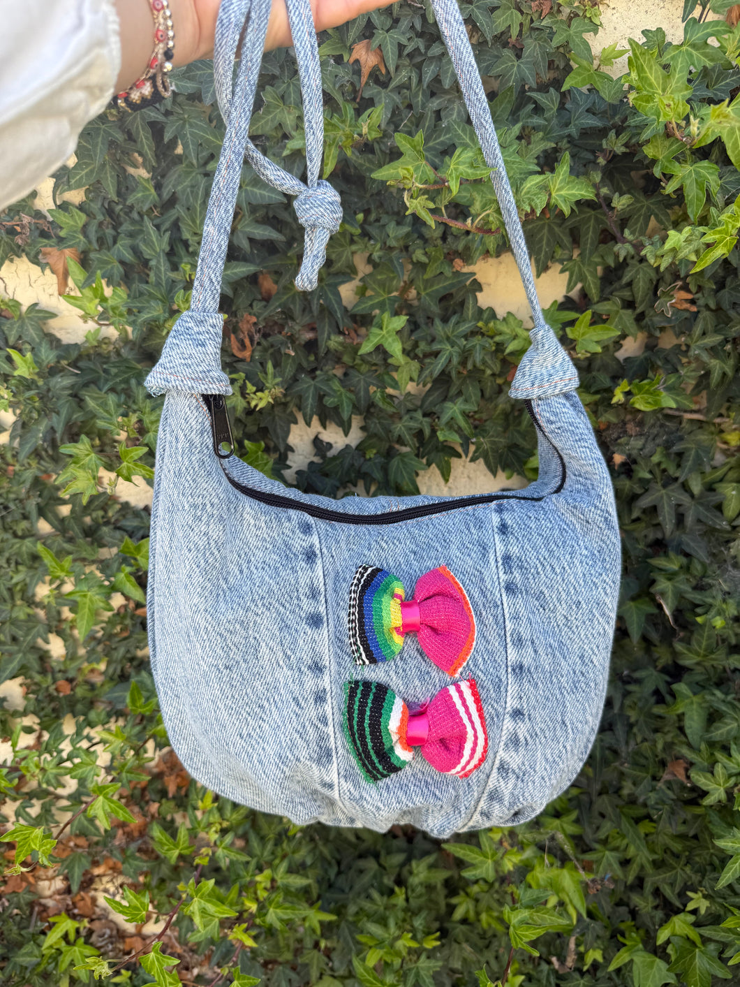 La Denim Bolsita/ Denim Crossbody bag w/Pink sarape bows