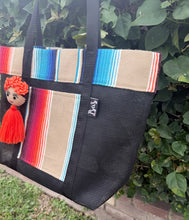 Load image into Gallery viewer, Sarape Mesh Tote Bag/ Tan &amp; Orange w/pompón