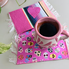Load image into Gallery viewer, Mug Rug/ Sarape Reversible Tapetito / Pink with Calaveritas