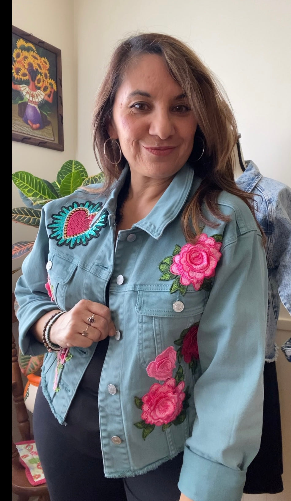 Isas Las Flores Cropped Teal Denim Jacket - oversized Medium