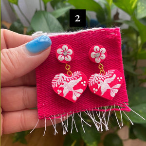 Los Pajaritos Aretes, Heart w/Birds Earrings