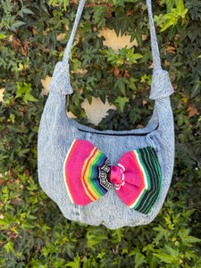La Denim Bolsita/ Denim Crossbody bag w/Pink sarape bow