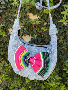 La Denim Bolsita/ Denim Crossbody bag w/Pink sarape bow