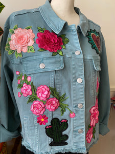 Isas Las Flores Cropped Teal Denim Jacket - oversized XL