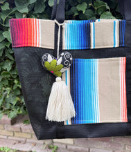 Load image into Gallery viewer, Sarape Mesh Tote Bag/ Tan &amp; Blue w/pompón