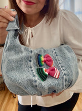 Load image into Gallery viewer, La Denim Bolsita/ Denim Crossbody bag w/Pink sarape bows