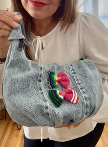 La Denim Bolsita/ Denim Crossbody bag w/Pink sarape bows