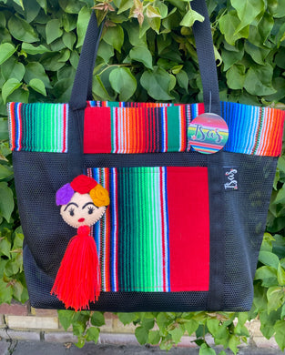 Sarape Mesh Tote Bag Red w/ Frida pompón #318