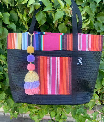 Sarape Mesh Tote Bag Pink/Orange w/ pompón #315