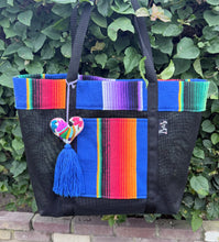 Load image into Gallery viewer, Sarape Mesh Tote Bag Blue w/pompón