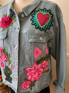 Isas Las Flores Cropped Teal Denim Jacket - oversized XL