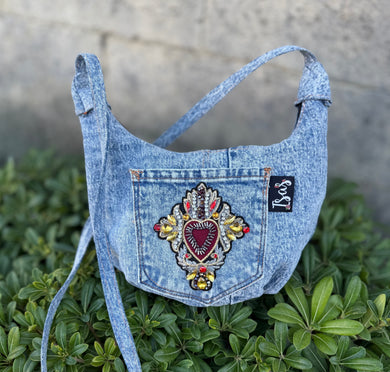 La Denim Bolsita/ Denim Crossbody bag w/Sacred Heart appliqué #9