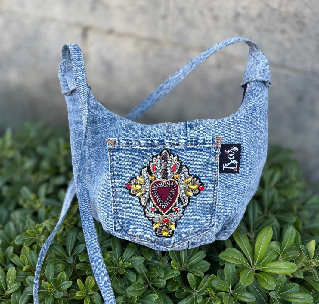 La Denim Bolsita/ Denim Crossbody bag w/Sacred Heart appliqué #9