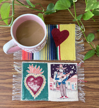 Load image into Gallery viewer, Mug Rug/ Sarape Reversible Tapetito / Yellow/ Guitarist &amp; Heart