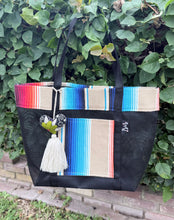 Load image into Gallery viewer, Sarape Mesh Tote Bag/ Tan &amp; Blue w/pompón
