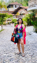 Load image into Gallery viewer, Sarape Mesh Tote Bag Blue w/pompón