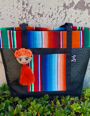Sarape Mesh Tote Bag Red & Orange w/Frida pómpon