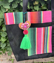 Load image into Gallery viewer, Sarape Mesh Tote Bag/Pink and Green w/pompón