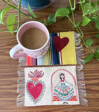 Load image into Gallery viewer, Mug Rug/ Sarape Reversible Tapetito / Yellow/ Girl &amp; Heart
