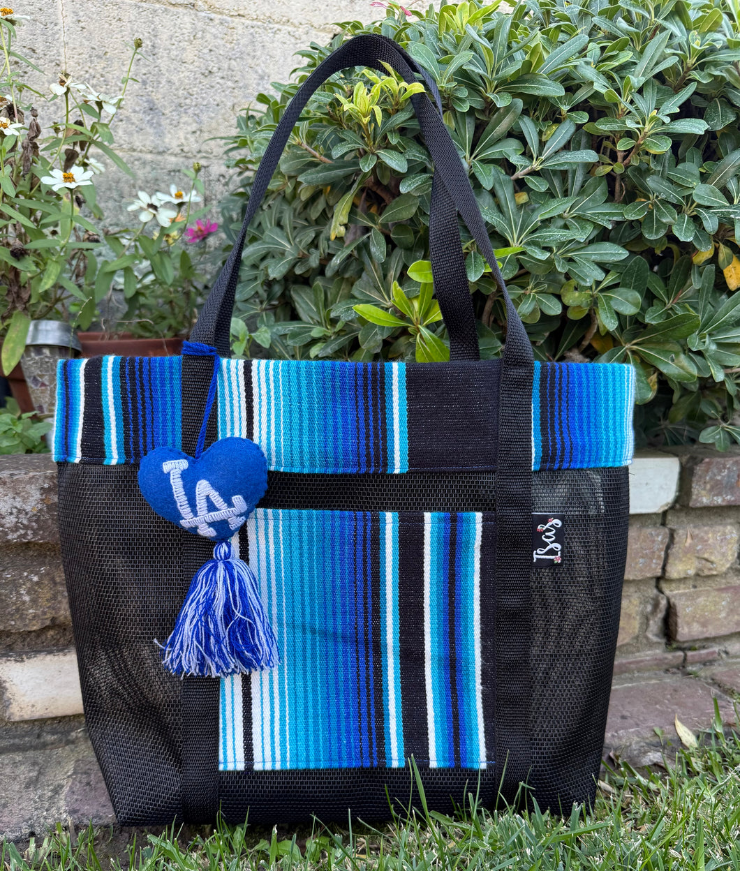 Sarape Mesh Tote Bag LA Blue w/ pompón