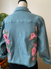 Load image into Gallery viewer, Isas Las Flores Cropped Teal Denim Jacket - oversized Medium