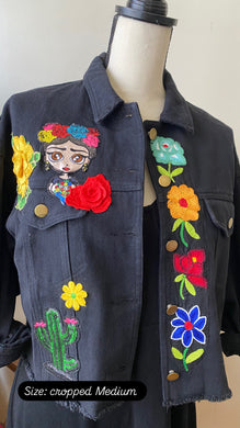 Isas Las Flores Frida Cropped Black  Denim Jacket - Medium