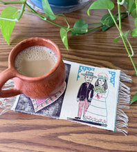 Load image into Gallery viewer, Mug Rug/ Sarape Reversible Tapetito / Yellow/ Wedding Couple &amp; Heart