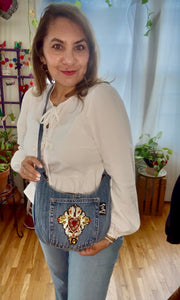 La Denim Bolsita/ Denim Crossbody bag w/Sacred Heart appliqué #9