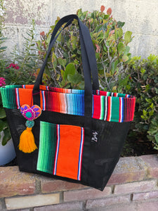 Sarape Mesh Tote Bag Orange w/ Pompón