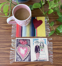 Load image into Gallery viewer, Mug Rug/ Sarape Reversible Tapetito / Yellow/ Wedding Couple &amp; Heart