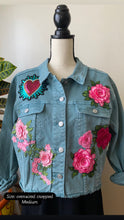 Load image into Gallery viewer, Isas Las Flores Cropped Teal Denim Jacket - oversized Medium