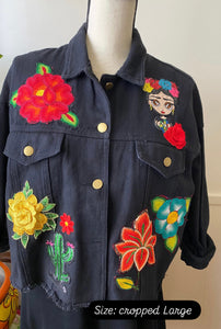 Isas Las Flores Frida Cropped Black  Denim Jacket - Large