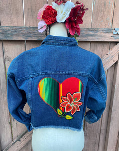 Isas Corazón  Cropped Denim Jacket- Orange Flower, Small