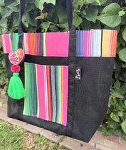 Load image into Gallery viewer, Sarape Mesh Tote Bag/Pink and Green w/pompón