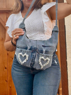 La Denim Bolsita/ Denim Crossbody bag w/Heart appliqués