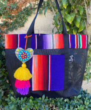 Load image into Gallery viewer, Sarape Mesh Tote Bag Purple w/ pompón
