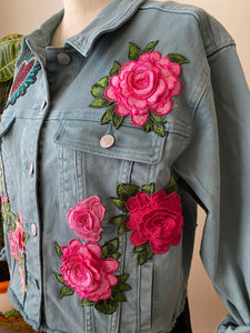 Isas Las Flores Cropped Teal Denim Jacket - oversized Medium