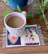 Load image into Gallery viewer, Mug Rug/ Sarape Reversible Tapetito / Yellow/ Mexican Couple &amp; Heart