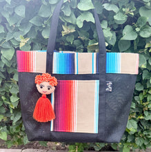 Load image into Gallery viewer, Sarape Mesh Tote Bag/ Tan &amp; Orange w/pompón
