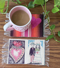 Load image into Gallery viewer, Mug Rug/ Sarape Reversible Tapetito / Pink/ Wedding Couple &amp; Heart