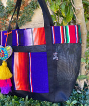 Load image into Gallery viewer, Sarape Mesh Tote Bag Purple w/ pompón