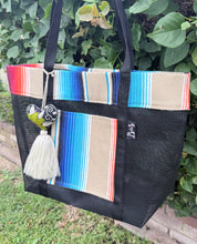 Load image into Gallery viewer, Sarape Mesh Tote Bag/ Tan &amp; Blue w/pompón
